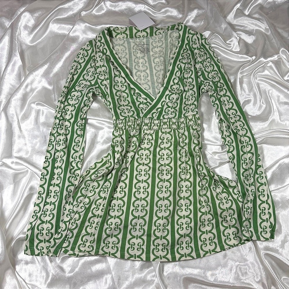 y2k Top Green Excellent Merona Faux Wrap Empire Waist Chain Print Blouse